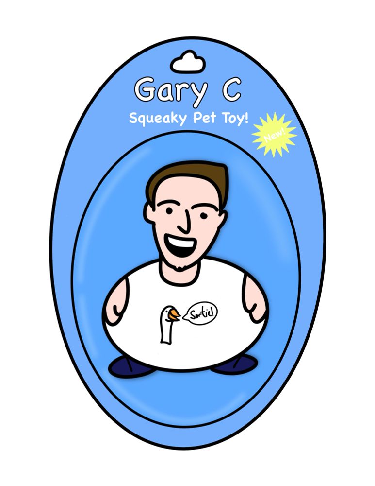Illustration of a squeaky pet toy. The packaging is light blue. The toy is of a person wearing a white t-shirt with a goose on it saying “Sortie!”