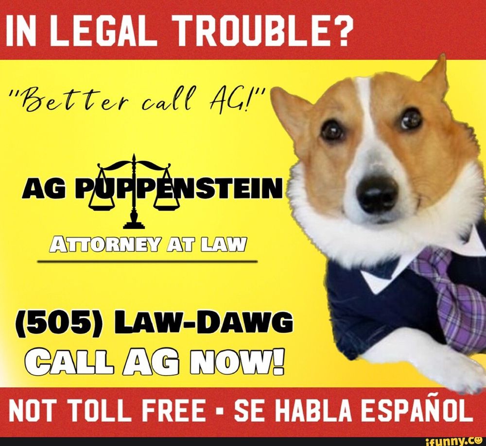 A corgi in a suit is pictured with text promoting AG Puppenstein, Attorney at Law. The ad includes phrases like Better call AG!, a phone number, NOT TOLL FREE and SE HABLA ESPAÑOL on a yellow and red background.