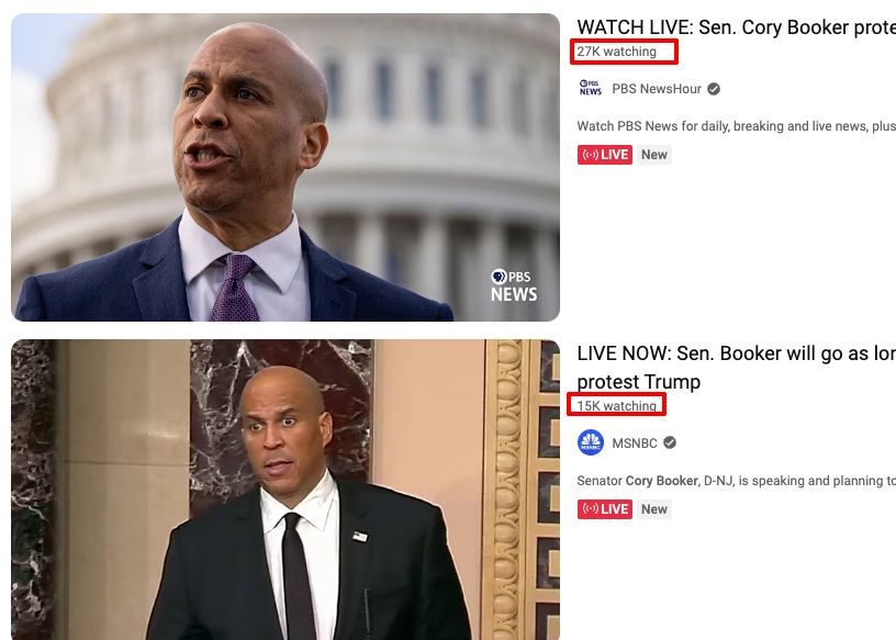 screenshot of YouTube live streams showing 27K watching on PBS News Hour's channel and 15K watching on the MSNBC channel