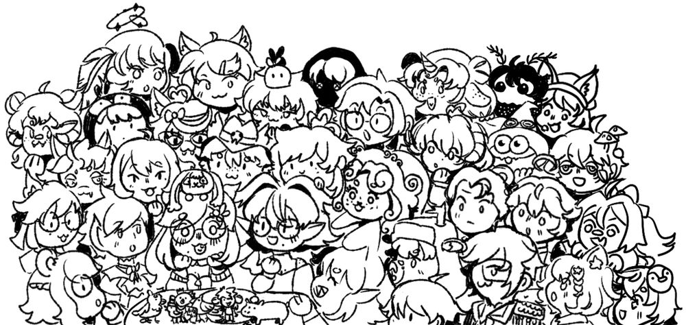 Chibi Lia surrounded by a variety of VTuber friends and mutuals.