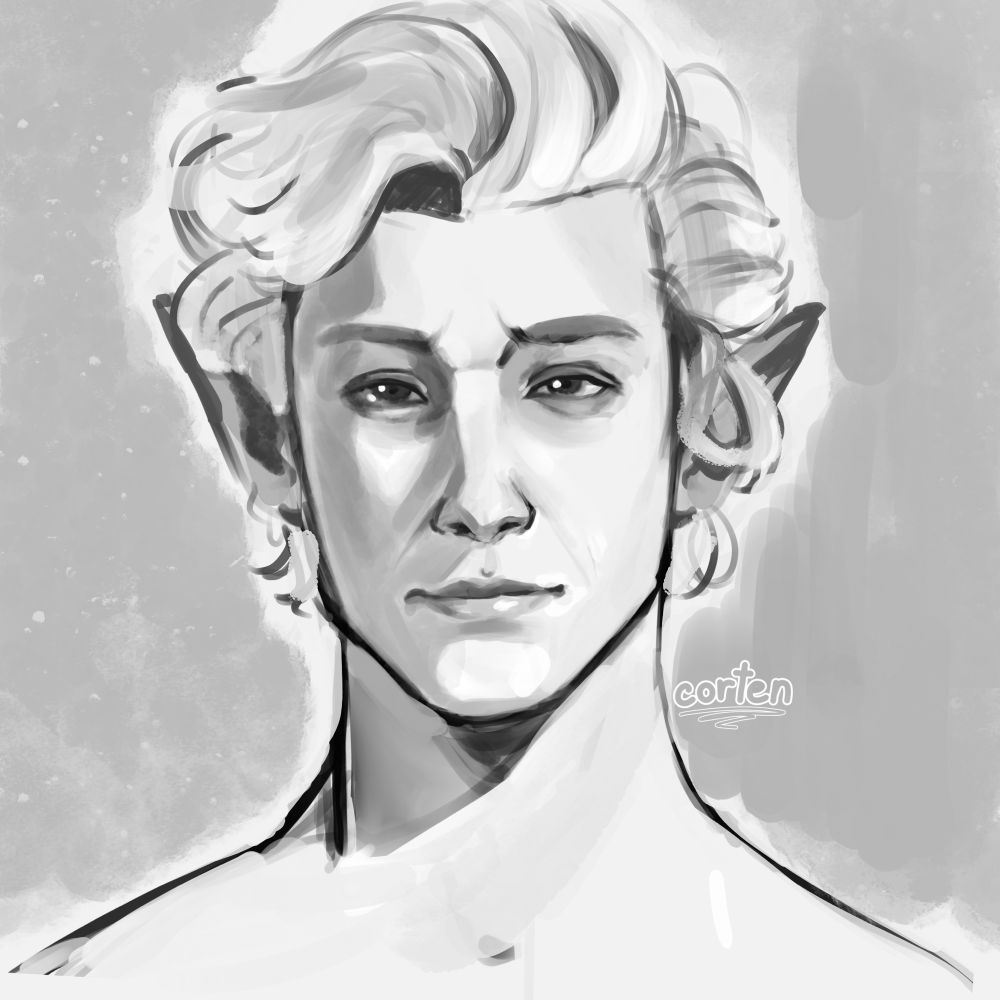 a monochrome, bust portrait of Astarion from the game Baldur’s Gate 3.