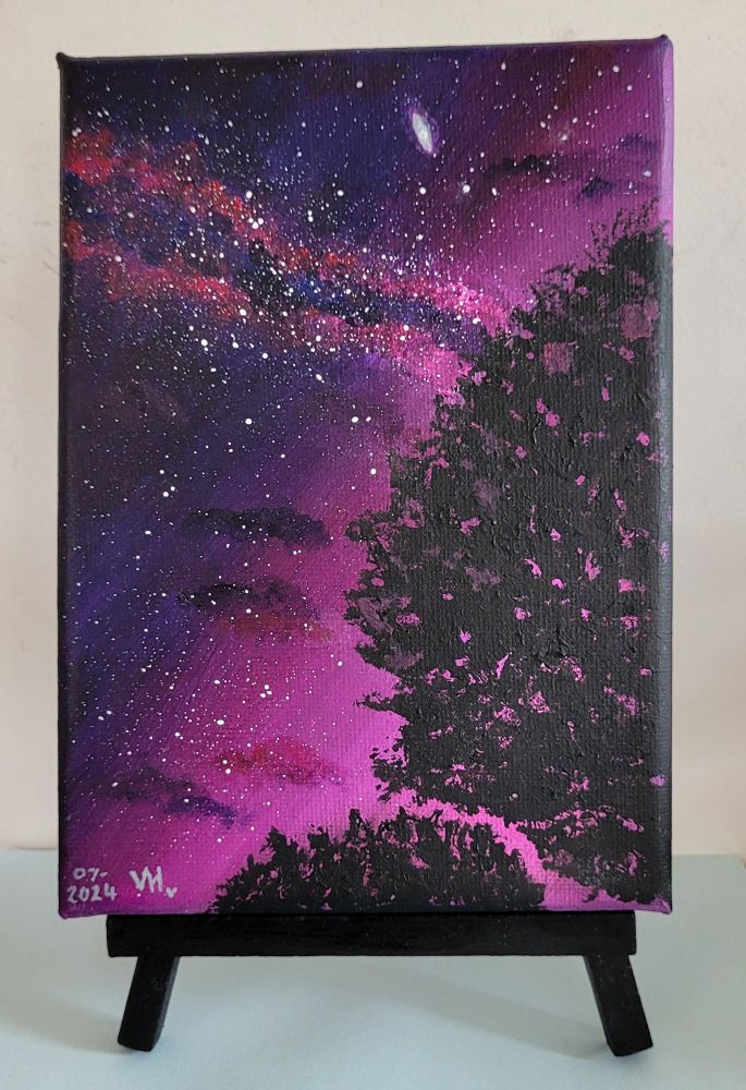 A painting of trees, with the Milky Way and Andromeda in the sky. The piece is predominantly pink with tones of purple.