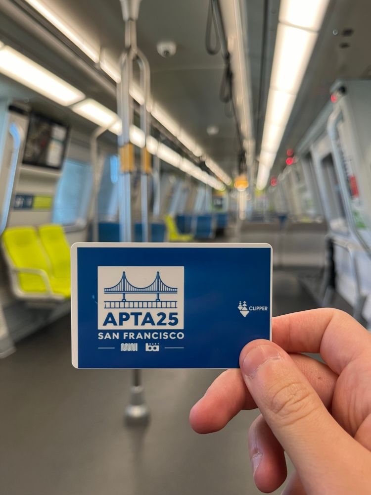 A specially-designed APTA25 San Francisco clipper card as taken on a BART train.
