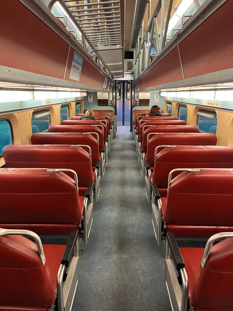 A legacy coach interior still in service on Metra.