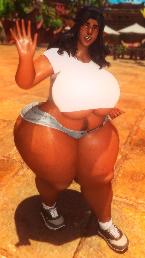 picture of a curvy elf woman with dark skin and long dark hair wearing a cropped white t-shirt, black and white sneakers, and tiny denim shorts that show a trail of dark hair leading up from her pubic area. she smiles excitedly at the viewer and waves