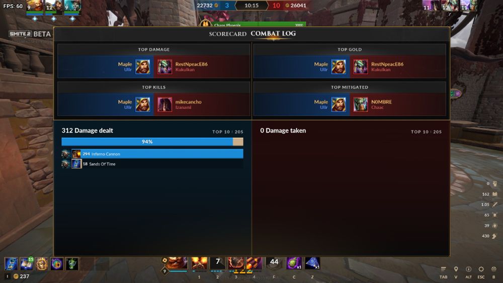 COmbat log of smite 2 showing Ullr's wrong avatar 