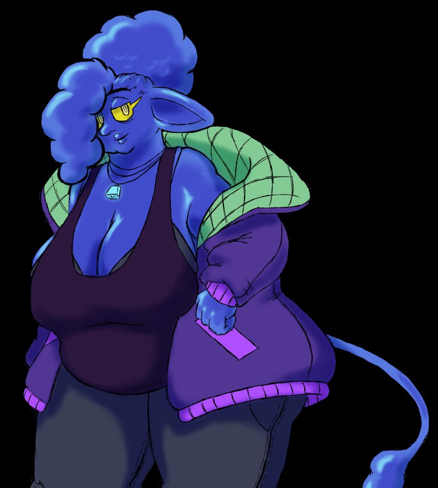 Rendered Example:

Blue slime girl that's decently plump. She have a puff ponytail, and a "bang" of hair that implies it's also curly despite it being mostly goo. She have tired yellow eyes, but a gentle smile. A pair of blue pseudo-cow ears.

She wears a dark purple muscle sleeve top that shows off her big breasts with a black bra peaking out the sides and center of hee top. She wears a couple necklaces, with the lowest having a glowing light blue cowbell. She also habe a big ol' light purple jacket that hangs off her shoulders, exposing its light green inner lining go the viewer as the slimegirl got her hands on her hips. 

She's wearing soms dark grey/blue leggings, that showers her more bottom heavy figure, when talken in with her top. There's a simple pesudo-tail that's shaped like a long cow tail with a tuff of goo immitating the tip of the tail. 