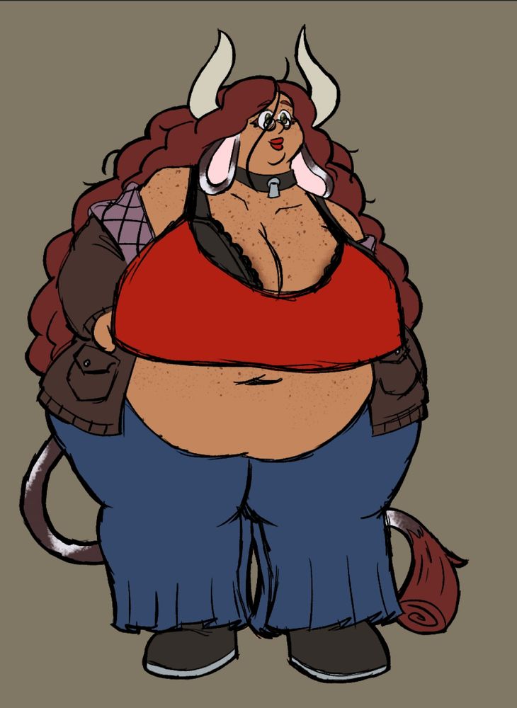 Dahlis is a very heavyweight brown freckled cowgirl.  She have long curly brown hair, and big curvy horns that sticks up from the sides of her head.  Below her horns are floppy cow ears that are white/brown cow print.  She have green eyes with some bags under them.  She have tiny reading glasses perched on her pointy nose.  She have red lipstick on her small lips.

Below her double chin is a simple choker with a small silver bell on it.   She's where a red camisole tank top with a black bra showing underneath it.  She have a brown jacket that hangs off her shoulders.  She have dark blue bell-bottoms, with simple black boots on her feet.

Her tail is cow print like her ears, but the end is a broom like curl of brown fur that matches her hair.