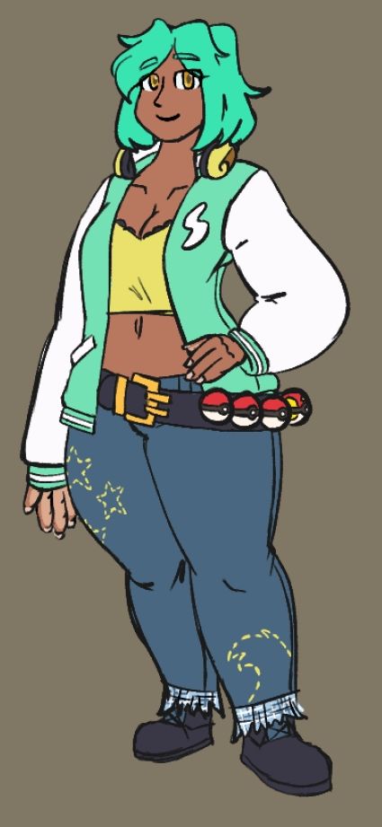 Flat art example:

Brown girl with yellow eyes.  She have seafoam green/teal hair that goes down fl her neck, and have a couple of bangs parted away from her face down to her eyeline.

She wears a matching teal/white variesty jacket, with a little white bolt on the jacket torso's teal green on her breast. She's somewhat pearshaped, but her jacket hides most of her figure by being a bit big as her figures slips out the sleeves. She have headphones that are yellow/brown earphones that rests on her shoulders. The earphones have a design like alolan raichu's ears.  Her variesty jacket is open exposing a mid drift with a matching yellow/brown camisole under the jacket.

Lower down, she's wearing jeans with a yellow stitched star design on her right thigh (her right) and a wave design on her left ankle. The bottom of the jeans are ripped. She wears a black belt with a gold buckle. You can see three basic pokeballs on her left hip, and the fourth is a fast ball from fhe side.

She wears black bowns with a dark blue tongue on them. 