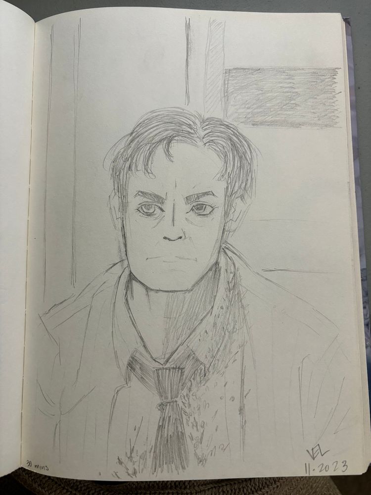 sketch of Peter Strahm, referencing a screencap from Saw IV (I think) during interrogation with blood on his shirt