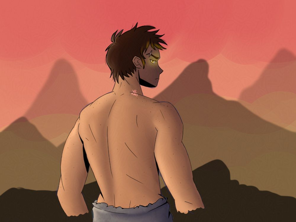 older Erys standing on top of a mountain and looking over his shoulder. lots of mountains in the background as well, with a red-orange-yellow haze over them