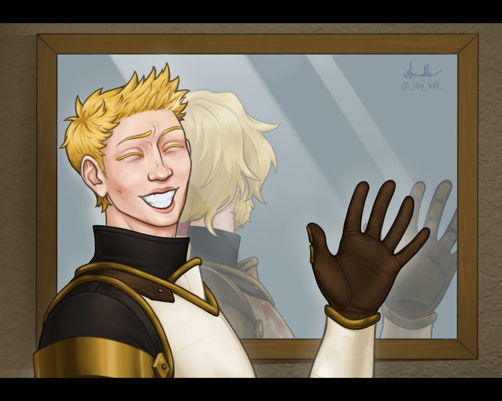 Jaune Arc from RWBY in his Atlas arc attire, smiling and waving to the viewer. Behind him is a mirror, and in his reflection is himself as the Rusted Knight