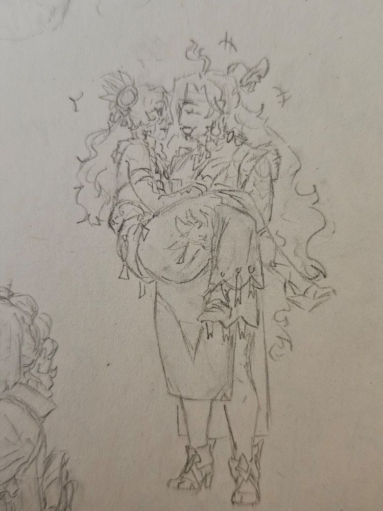 Citlali and Mavuina from Genshin. Mavuika is smiling and carrying Citlali, who looks surprised