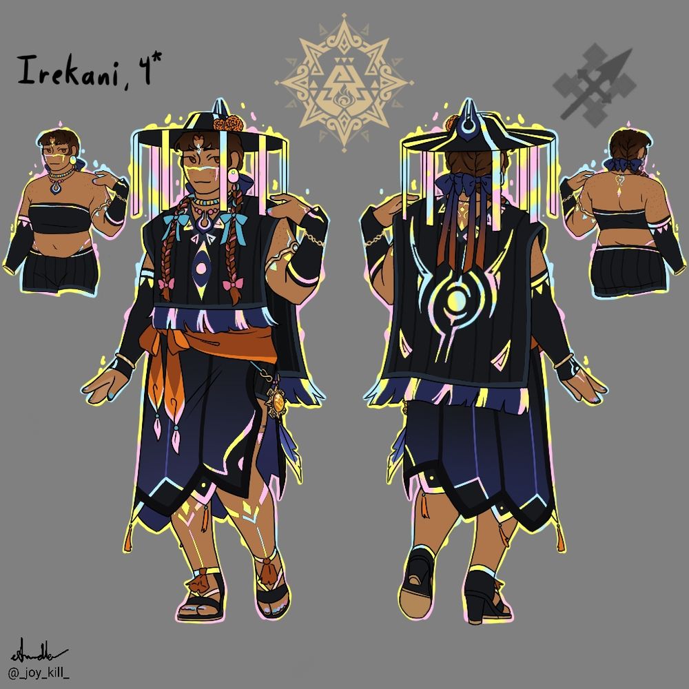 An alternate reference sheet for Irekani showing her nightsoul state, lit up in bright yellow, blue, and pink