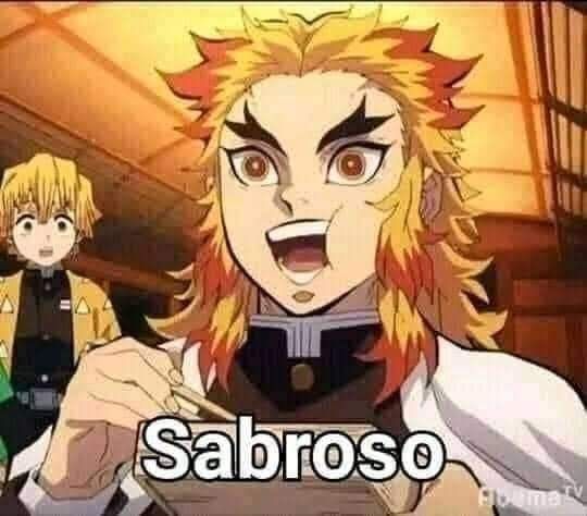 an image from the anime "demon slayer"
the character kyojuro rengoku sitting on a train eating a bento saying "SABROSO" instead of "UMAI" with zenitsu agatsuma looking at him in awe 