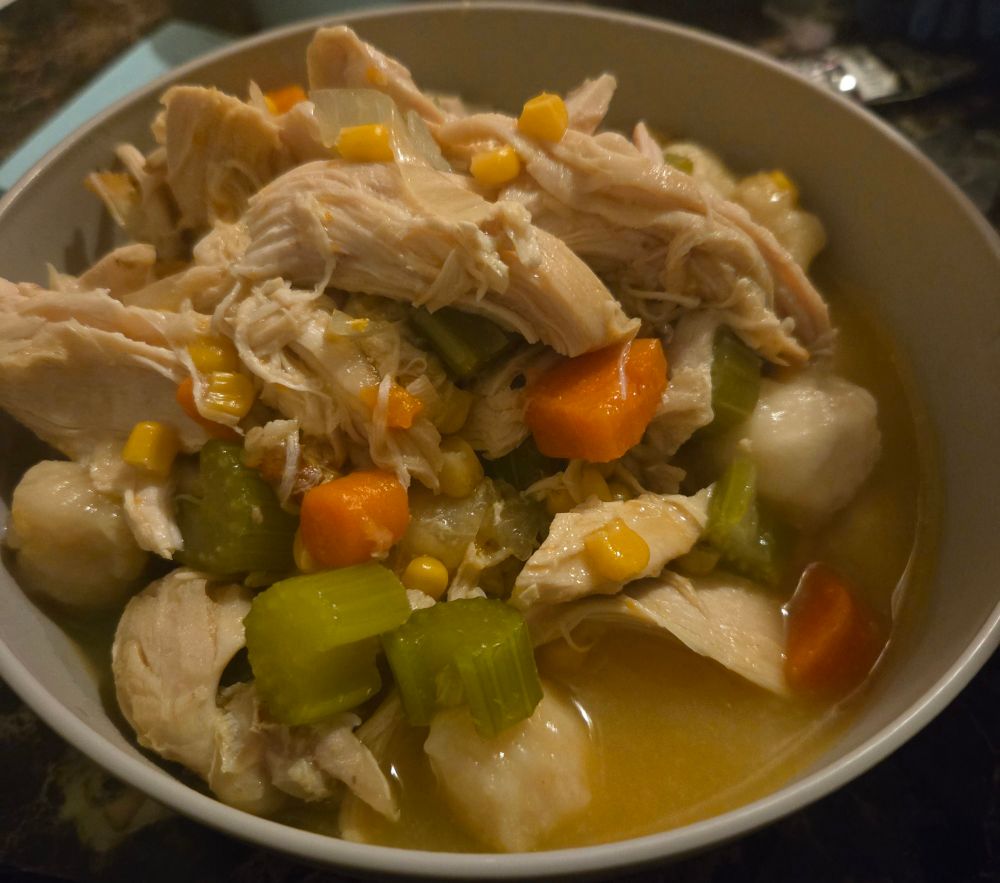 a very low effort bowl of spicy chicken and dumpling soup. 