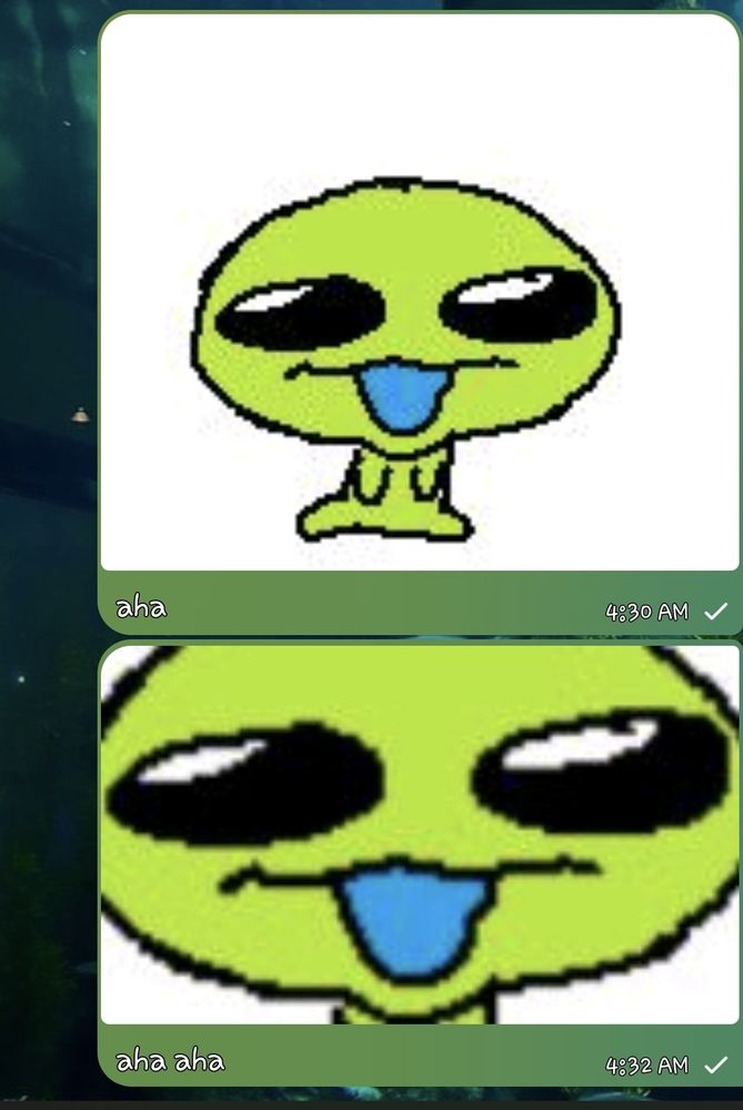 a screenshot of a0m0BS7LdyTyg4T46TqJmVf chat with an aquarium background. 2 texts with images and text! text one: an image of a little green alien sitting on the floor making a silly face. the text reads, "Aha" 

text two: a close up of the same little green alien's face. the text reads, "aha aha"

implying no think just himbo laugh with a silly face on. the alien happens to perfectly portray my laugh bc of his doofy little face