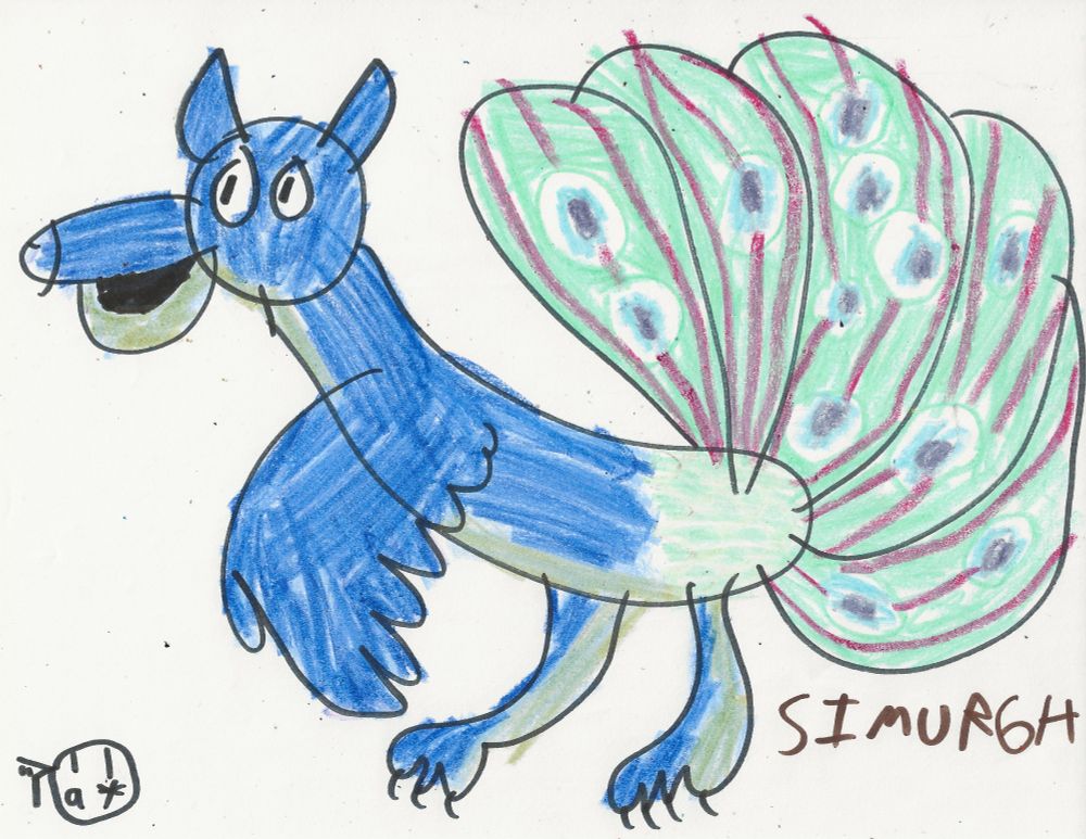 AN interpretation of the Simurgh, a bird with a dog's face, lion's feet, and a peacock train
