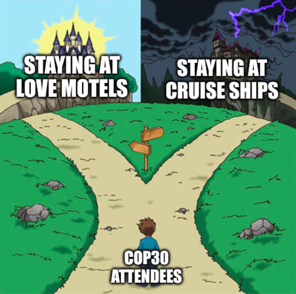 Path forking to: Light side Love Motels, Dark Side Cruise Ships. Person titled COP 30 ATTENDEES standing inbetween the fork poised to make a decision