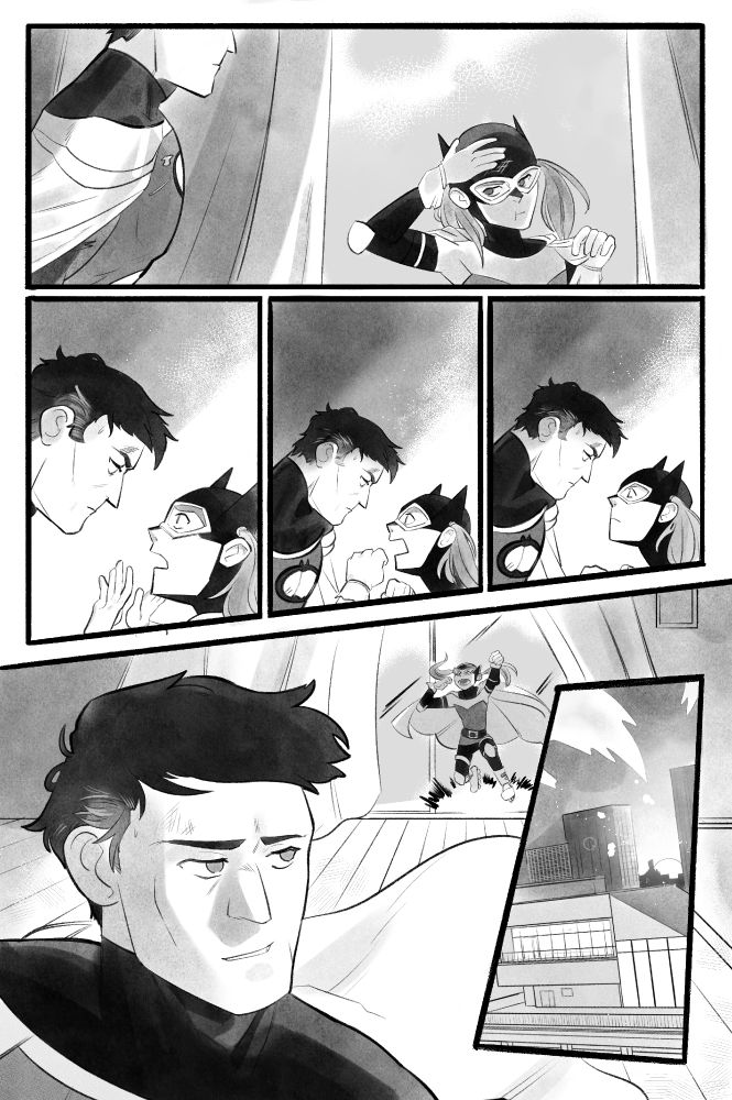 Page 3: She protests her dad and becomes locked in a battle of wills, only for her dad to ease up. Finally, the morning breaks over the city.