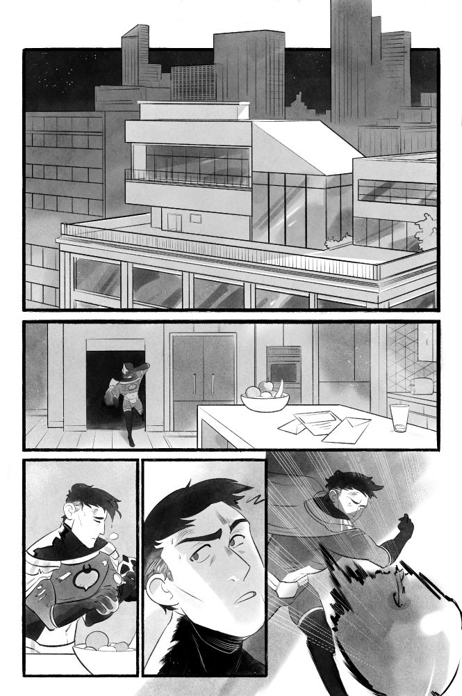 Pages for a short in Mark Stack's Relentless Lark series

Page 1: opening backdrop to a high rise apartment at night. The Lark steps out of a secret opening in his kitchen and removes his mask, when he hears a noise and tosses an apple he was holding in his hand