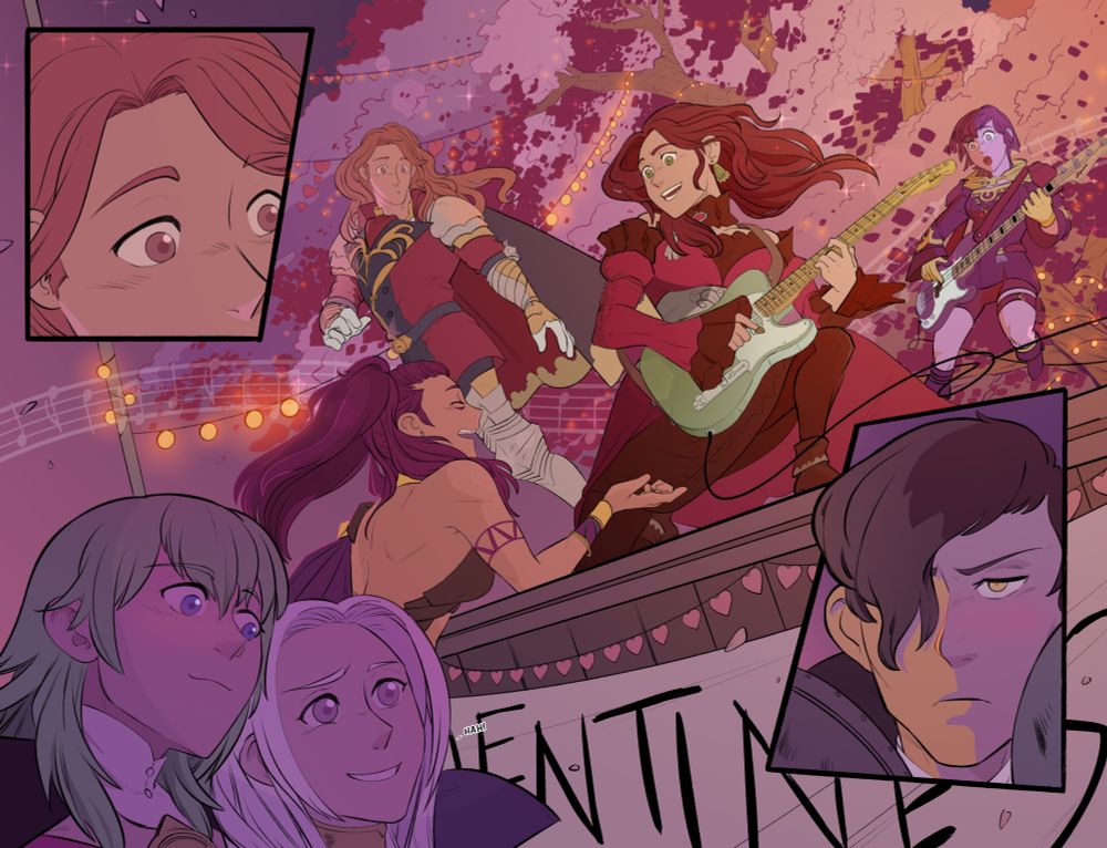 (left to right) Ferdinand, Dorothea, and Bernadetta on stage, while Petra leans against the front. Ferdinand and Hubert within the inset panels, and Byleth and Edelgard watch from the crowd. Music and light fills the celebration.