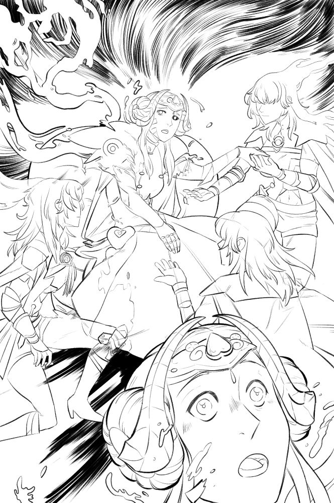 Edelgard partially transformed into the hegemon, surrounded by three, spectral Byleths, until she snaps out of it at the end