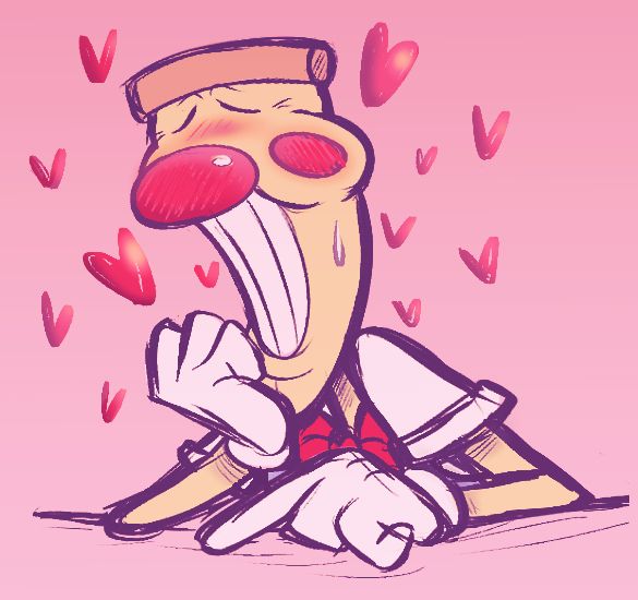 A colored sketch of Pizzahead resting his arms on a flat surface while heart surround him. He looks nervous despite his wide grin, and is visibly blushing as his finger is tapping the surface. The backdrop is a soft pink gradient.  
