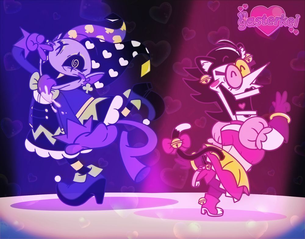Spamton and Jevil from Deltarune as magical girls, posing on a stage while underneath blue and magenta spotlights. 
Jevil is towards the left, wearing a dark indigo jacket, a lime green bowtie, lime green eyeshadow, his usual hat with a yellow and black diamond at the ends, yellow spades on one side and white hearts on the other, lime green club earrings, a black and lime green skirt with a white fluffy petticoat, black and yellow striped tights, and dark indigo heels with black soles, lime green accents, and a white puff ball on the toe. He is winking while sticking his tongue out and making a peace sign. 
Spamton, to the right, is wearing a pink and magenta cat magical girl dress with yellow bells throughout, yellow wrist rings, and dark maroon gloves and tights. He also has black cat ears, with yellow bell earrings, and a black and white cat tail, which has a magenta ribbon and a yellow bell. Spamton's back is towards the viewer, smiling while also holding up a peace sign. 