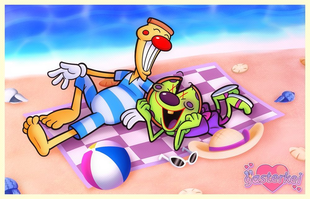 Summer postcard artwork of Pizzahead and Jesteroni at the beach, sitting together on a purple-and-white checkerboard towel. Pizzahead is wearing a bluish-white and sky blue striped vintage bathing suit and his usual white gloves, while Jesteroni is wearing a purple one-piece skirt swimsuit with a magenta bow on the back, purplish-magenta shorts underneath, and white and magenta sandals. Next to him are white cat-eye sunglasses and a sun hat with a purple ribbon. 
Surrounding the couple is the ocean and some seashells. 