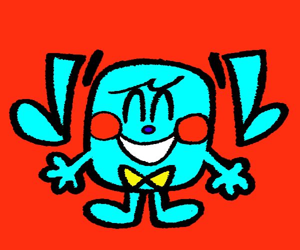 A colored doodle of Hatsune Miku from the Vocaloid song "Static" by Flavor Foley as a Mr. Men and Little Miss character named Little Miss Static. 
She's a teal rounded square shaped character with a tuft of hair on her forehead, two closed eyes, a navy blue button nose, two rosy cheeks, a yellow bowtie, and two pigtails floating next to her head in the shape of quarter notes. She is smiling happily with her arms to her side. 