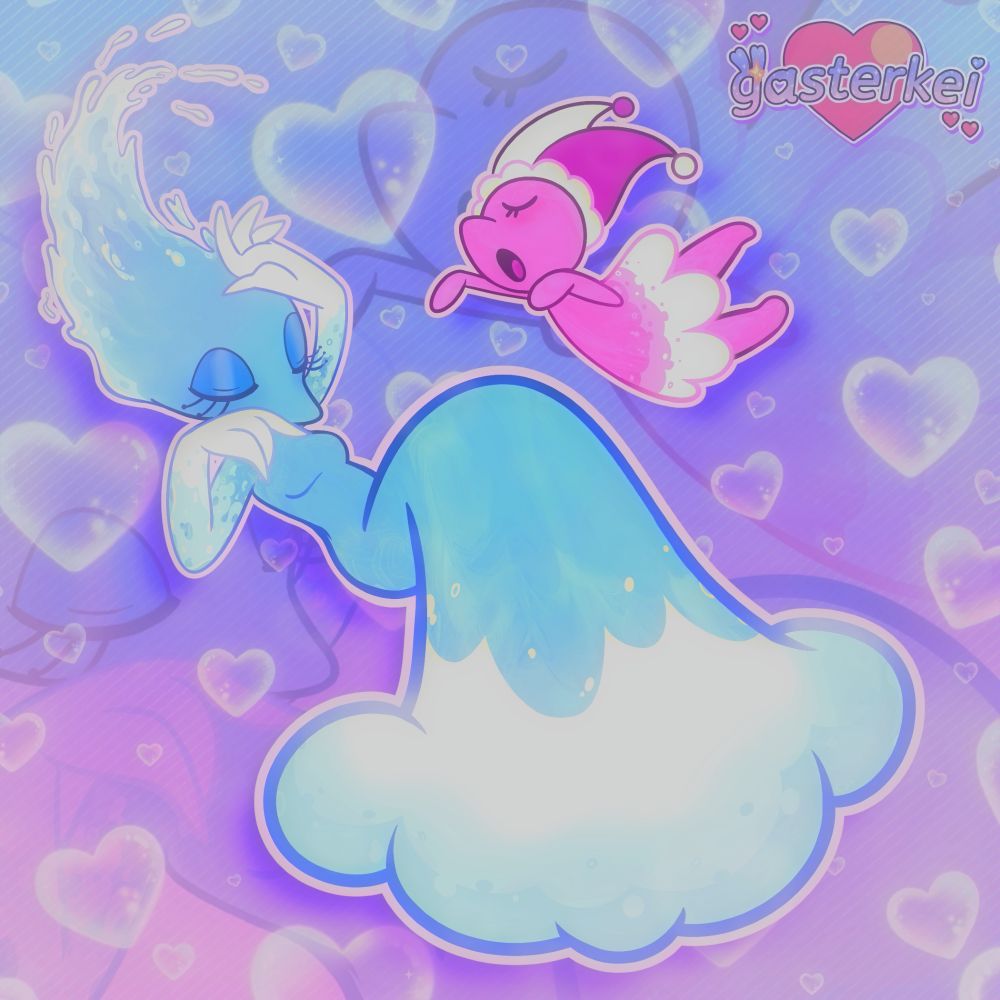 Artwork of Miss Mizzle with a pink Mizzle from Deltarune Chapter 4, the two surrounded by heart-shaped bubbles. 
Miss Mizzle is laying down with the back of one hand under her closed eyes, as if she's wiping away tears, and another hand resting over her head in a dramatic manner. 
Next to her is a pink Mizzle, posed with one outstretched hand pointing upwards towards Miss Mizzle, and another hovering over her chest, as if she's singing. 