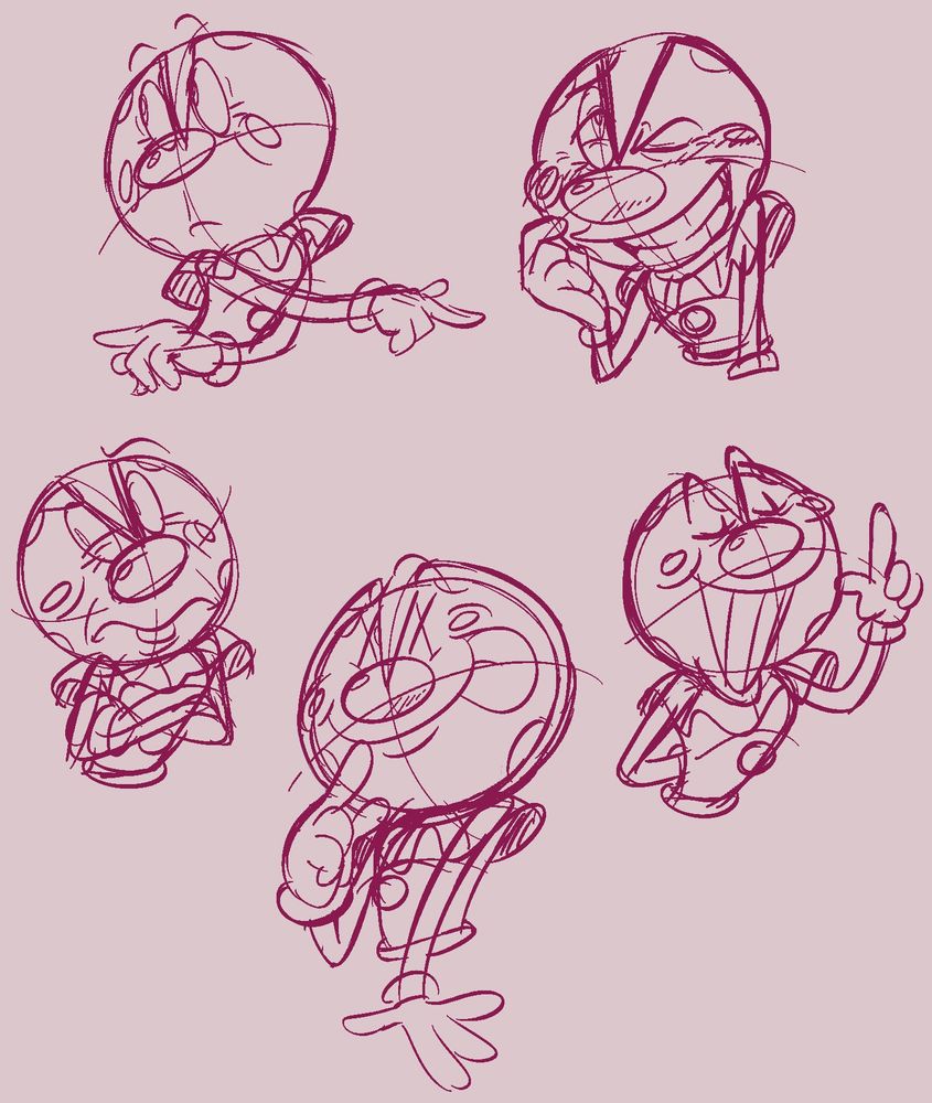 Various sketches of Jesteroni with different expressions. 
On the top left, his arms are crossing his body, his fingers pointing outwards. He looks somewhat surprised, with his eyes open. 
On the top right is Jesteroni with a flustered, seemingly embarrassed expression. One of his eyes is opened a little, another tightly shut, as he gazes up sheepishly, forcing a grin. His finger taps his face. 
On the lower left is an annoyed looking Jesteroni, his arms crossed as he looks to the side with a raised eyebrow. 
At the bottom center is a smiling, inquisitive Jesteroni with a finger to his mouth. His tongue is sticking out as he raises an eyebrow in intrigue. 
Finally, at the bottom right, is Jesteroni with his hand raised, his pointer finger extended upwards. His other arm is behind his back as he grins proudly, as if he's about to explain something with confidence. 