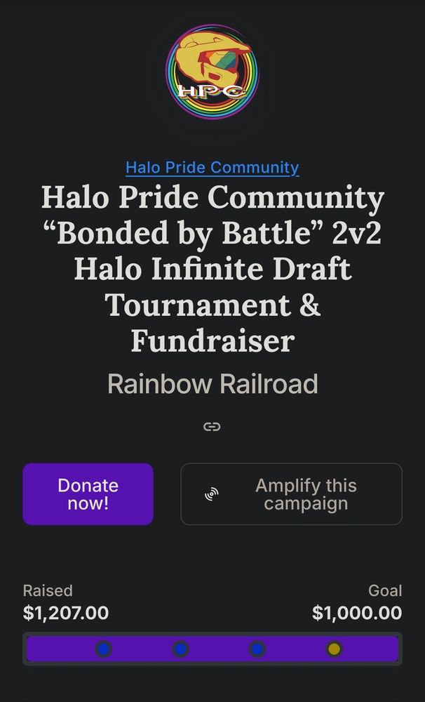 Screenshot of Halo Pride Community's Tiltify Campaign showing the community raised $1,207 - beating their goal of $1,000 for LGBTQ Charity Rainbow Railroad.