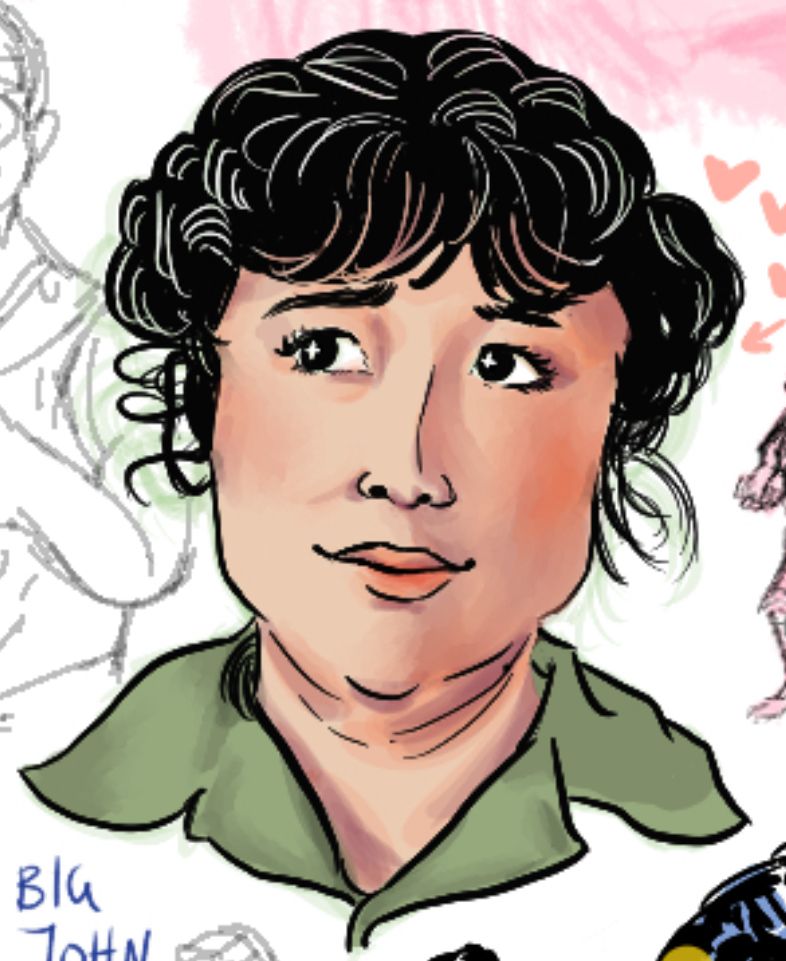 digital sketch of Kellye from MASH. she is looking off to the side with her hair in braided buns with little curly wisps around her face