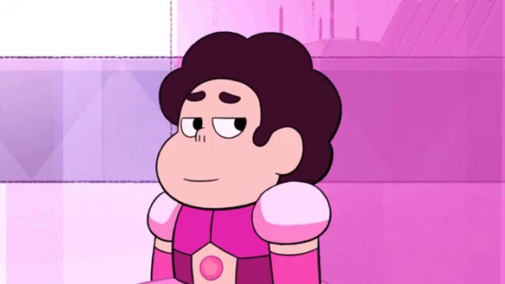 a cartoon character is wearing a pink outfit with a pink button on his chest