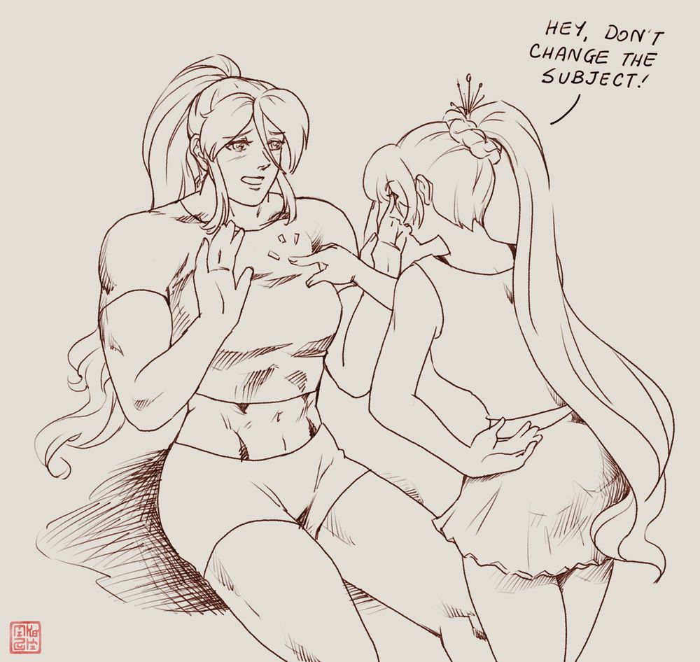Weiss Schnee wearing a cute sundress, standing before her girlfriend and jabbing a finger at Pyrrha's chest while saying "Hey, don't change the subject!" Pyrrha Nikos sitting before Weiss in tight fitting shorts and a shirt, holding her hands up and looking sheepish while getting reprimanded.