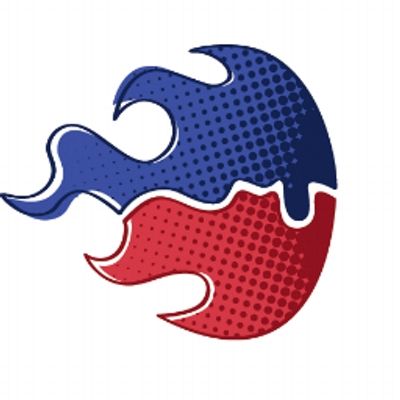 The UK Gov Camp logo, which look like a fireball heading right. The top half is blue and rest is red. In the middle is a white line that looks like the river Thames.