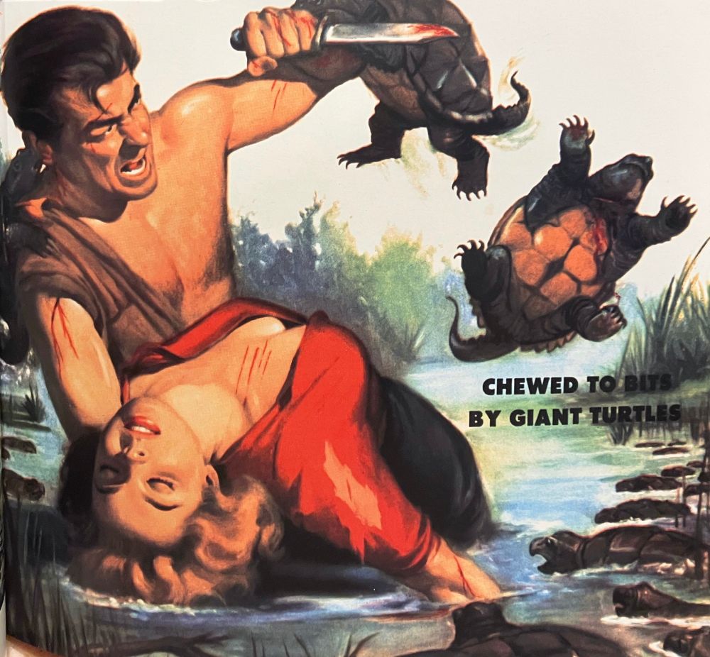 Man holding unconscious Oman in wetland with giant turtle attacking other arm which holds a knife whole yet another dangerous turtle flies through air. Captioned: “Chewed To Bits By Giant Turtles”