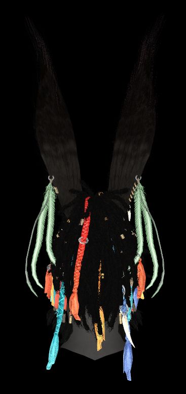 Posterior view of Yemrjn's new hairstyle. Dread ponytail with various assorted clasp beads and braided multi-color fabric. Pastel green feathers hanging from ears are easier to see. Three to each earring. 