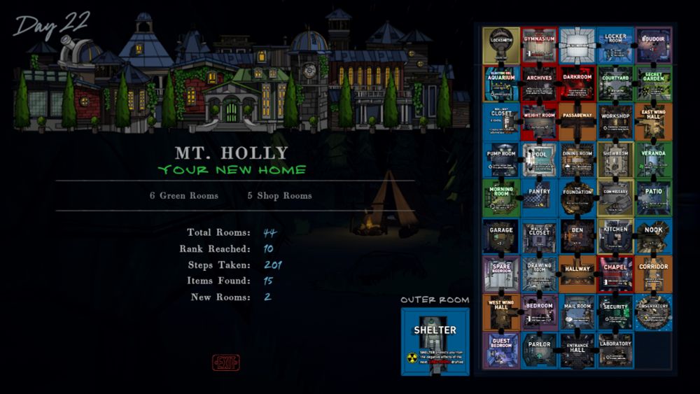 Summary Screen from the Blue Prince video game, detailing Day 22, of which I achieved the goal of reaching Room 46. It shows a profile picture of the Manor in all its hodge podge grandoise aside the multicoloured grid of room choices I made, and some statistics detailing various actions. 