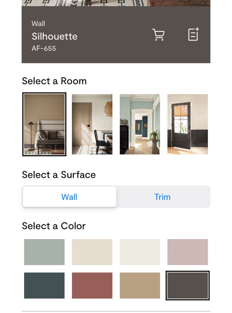 Benjamin Moore color of the year palette website screenshot. Four photogenic room shots on the top exist so you can have them colored with one of the eight colors in the 2026 palette. The colors are a pale blue green, a dark blue green, a pale burnt red, a dark burnt red, a beige, an off white, mauve, and dark gray. BORING