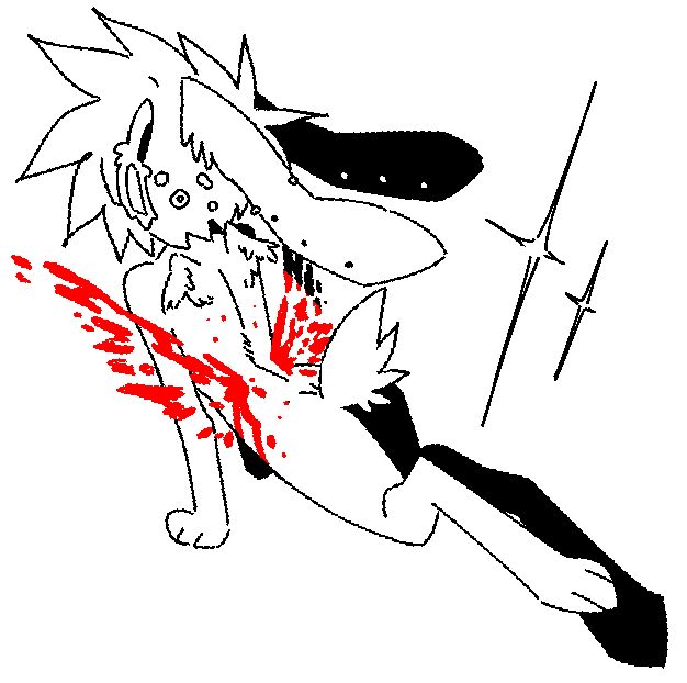 Ramiel arches his back, blood ruptures from his lower back in the shape of wings. Tears are streaming down his face in pain and float away. Art post