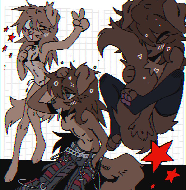 3 figures of Maddy Sunshine. One is in a string bikini on the left, one is slightly closer to the viewer wearing tripp pants covered in chains and suspender belts, and the last figure is closest to the viewer hugging her own tail while wearing black thigh highs on the right of the canvas. Each successive figure shows Maddy becoming more and more affected by her trip, the middle figure is drooling and the right most is in bliss. Heart particle effects surround the right most's face. Stars litter the canvas. Art post
