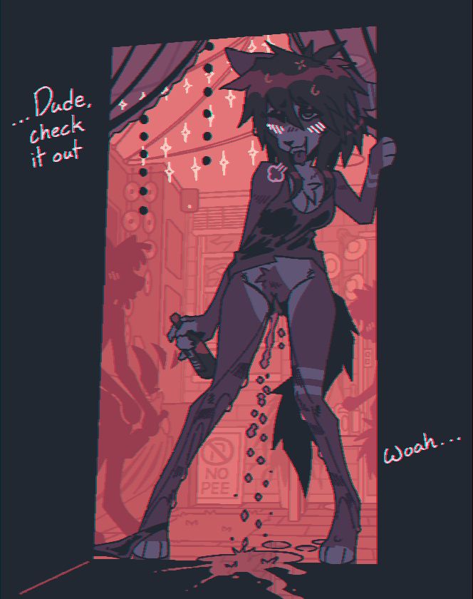 Malta the wolf girl leans on the side of a door frame, dangling a bottle from her paw with her panties wrapped around her ankle. She lets out a deep sigh of sweet relief as she splashes pee all over the hardwood floor. Onlookers at the house party watch in horny disbelief; Art Post ; Commissioned and character owned by Arnhem37
