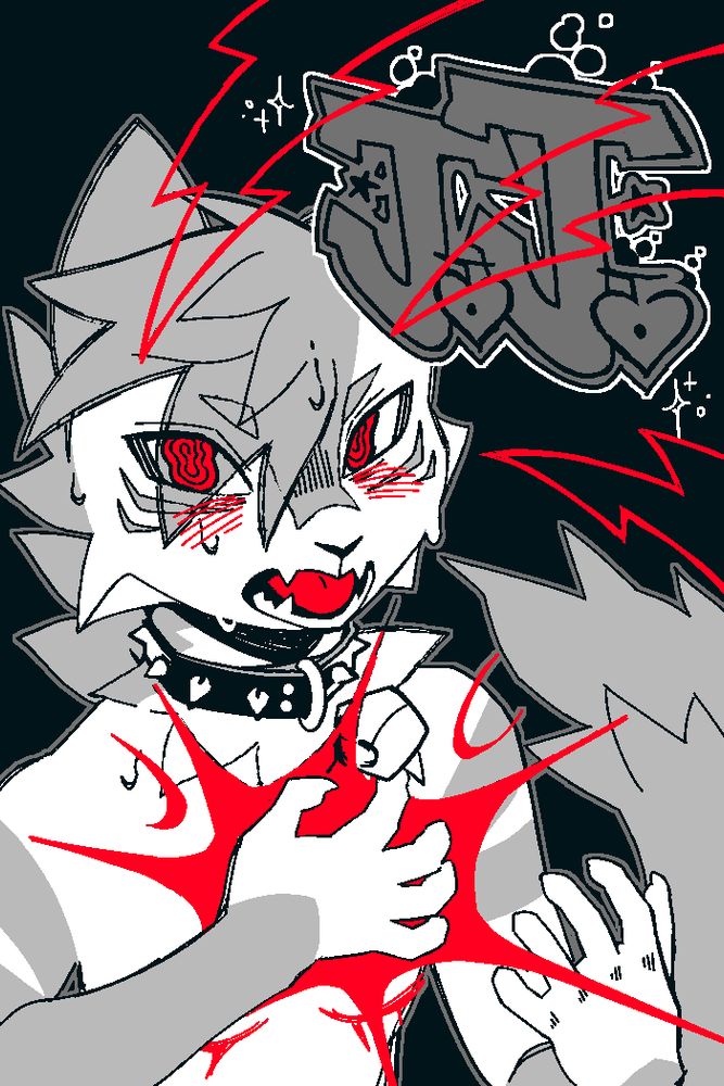 JJ the cat nervously looks at the viewer. His hand holding onto his chest, a red flash emanates from his paw. He's wearing a spiked collar with a cat bell. Lighting bolts wrap around his head. Calligraphy reads "J.J." ; Art Post ; Character and piece commissioned by @vinqou.bsky.social‬