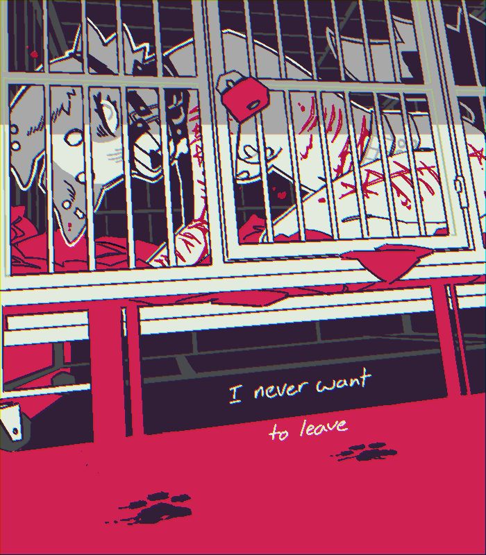 A femme dog figure sits behind a locked cage. She's covered in open cuts and wearing a muzzle and dog collar. Blood drips down her arm, onto the bright red bedding and down onto the floor below the cage. Text reads, "I never want to leave" ; Art post