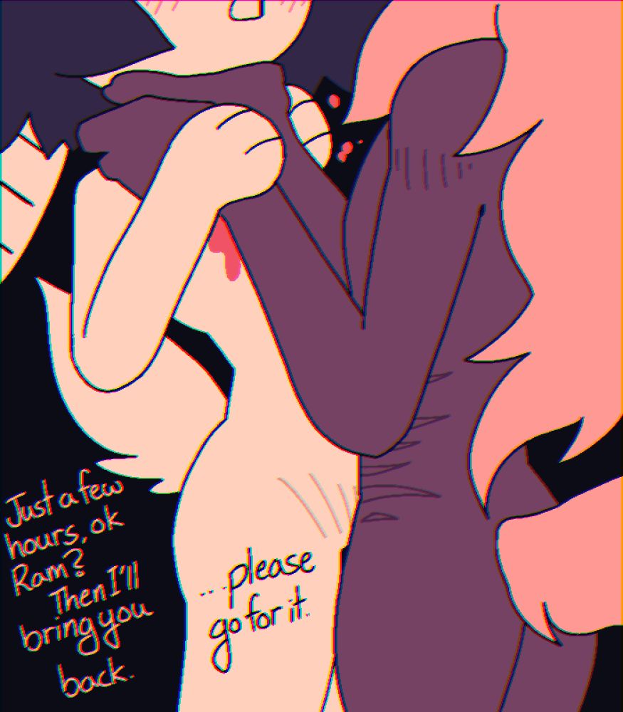Roxxy holds Ramiel up by his neck. She assures him, "just a few hours, ok Ram? Then I'll bring you back." "...please go for it." ; Art Post