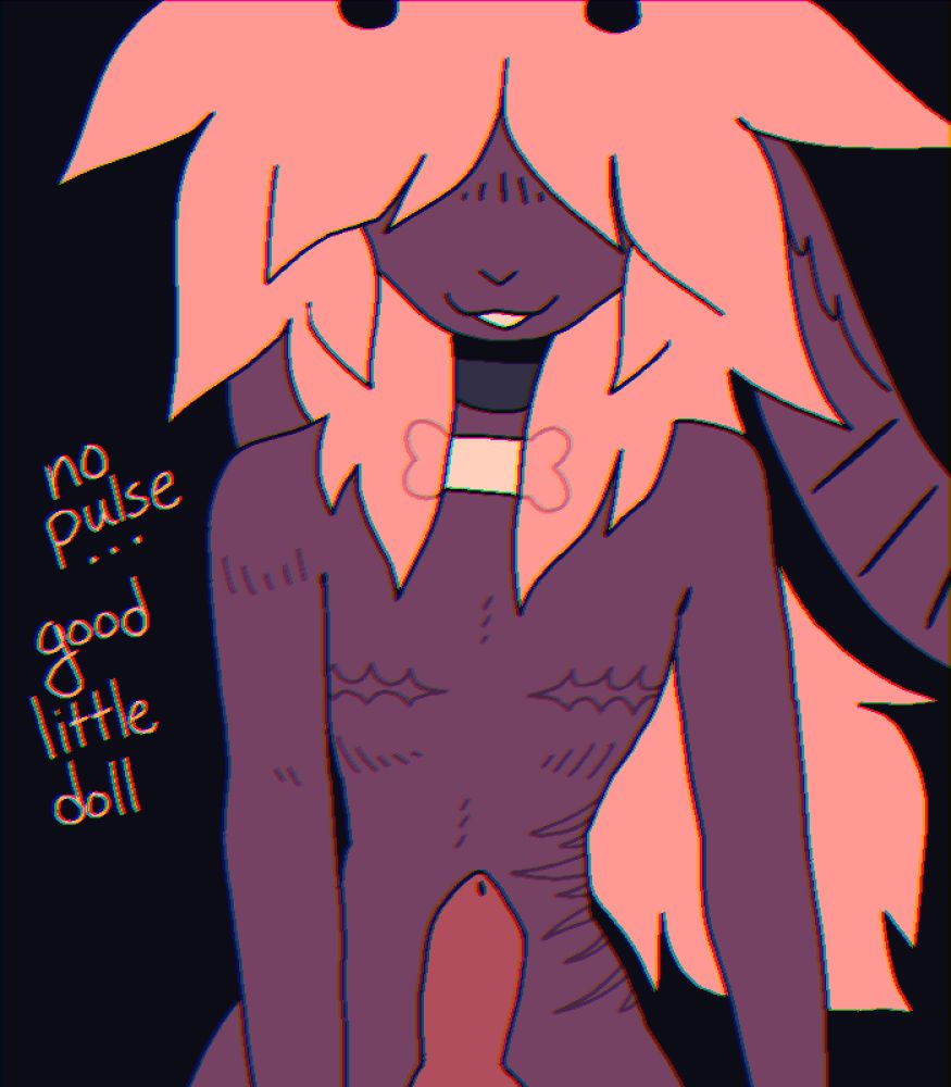 Roxxy leans over him, her dog cock fully erect. "No pulse... good little doll"; Art Post