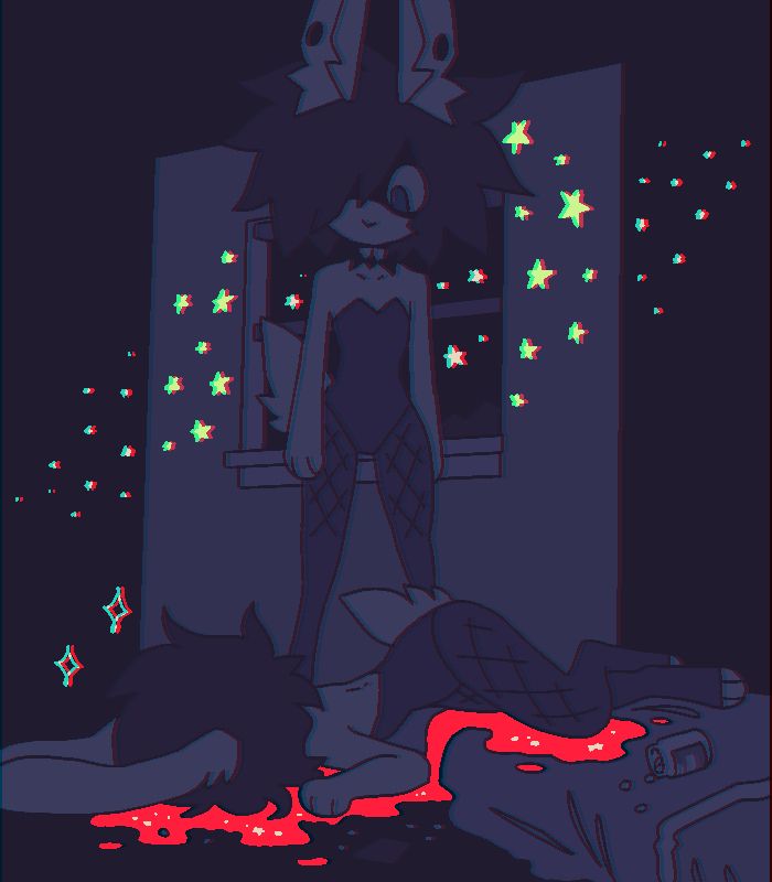 Ramiel stands over his own lifeless body. Blood pools on the single mattress bed before spilling on the floor. Cough medicine pills are scattered from an open bottle, dissolving into little stars. The far wall is decorated with glow in the dark stars, with the night sky visible beyond the scene ; Art post